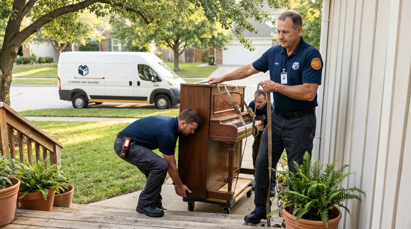 Licensed piano movers securing grand piano in Burtonsville, MD