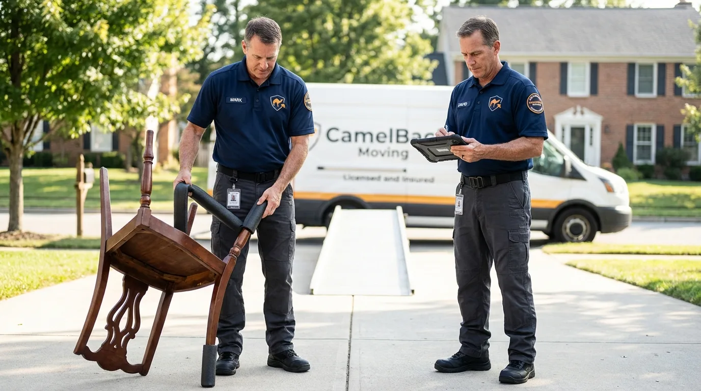 Movers inspecting furniture for damage prevention before loading in Burtonsville, MD